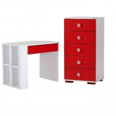 Set birou Red Alpino culoare alb/rosu 2 piese, birou 90x50cm h 76.1cm ,comoda cu sertare 55x40cm h102cm