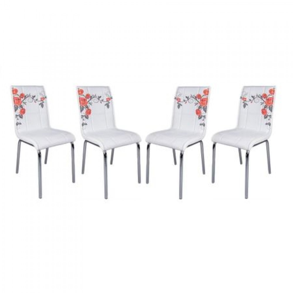 Set 4 scaune de bucatarie Pedli albe cu imprimeu trandafir rosu